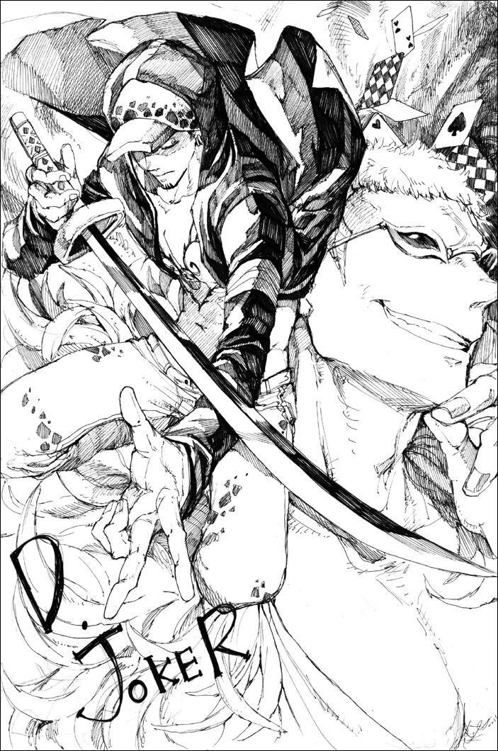 trafalgar law and donquixote doflamingo (one piece) drawn by luzy