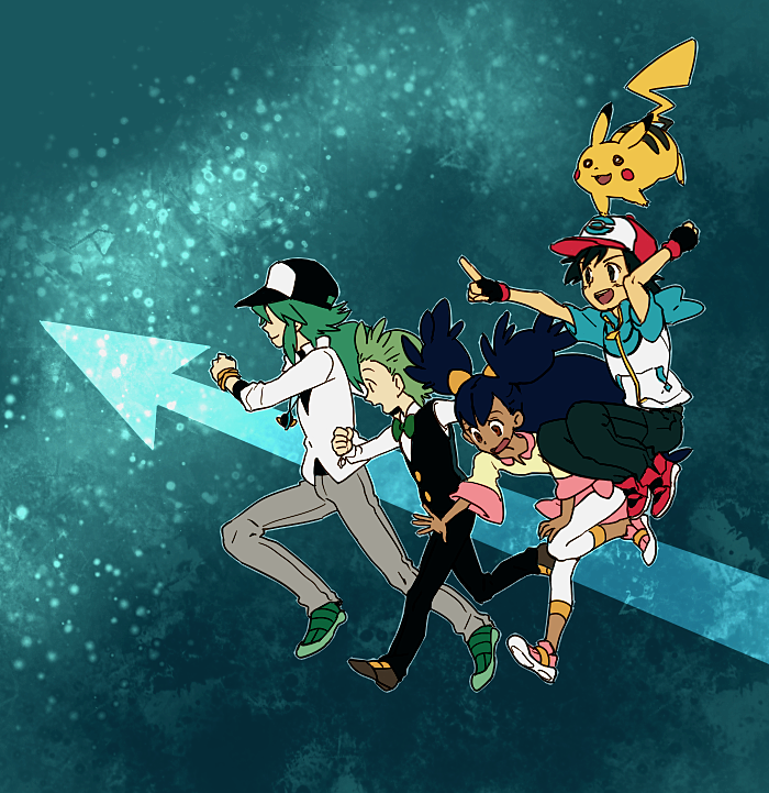 pikachu, ash ketchum, n, iris, and cilan (pokemon and 1 more) drawn by ochappa