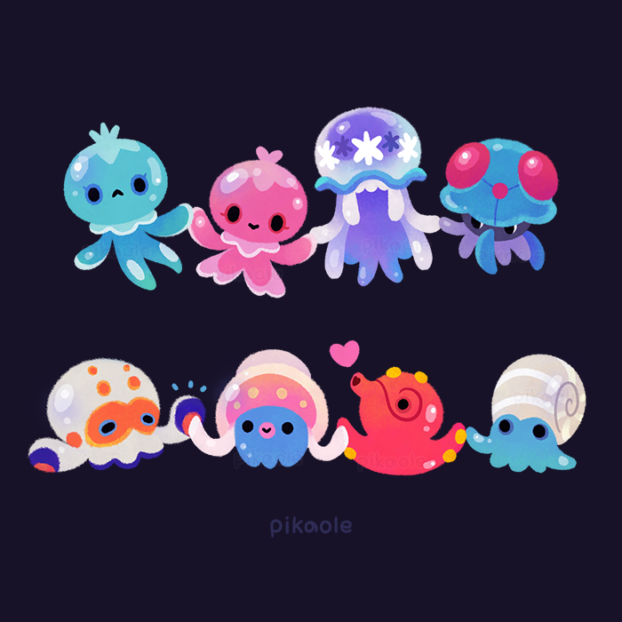 nihilego, omanyte, tentacruel, frillish, octillery, and 2 more (pokemon) drawn by pikaole