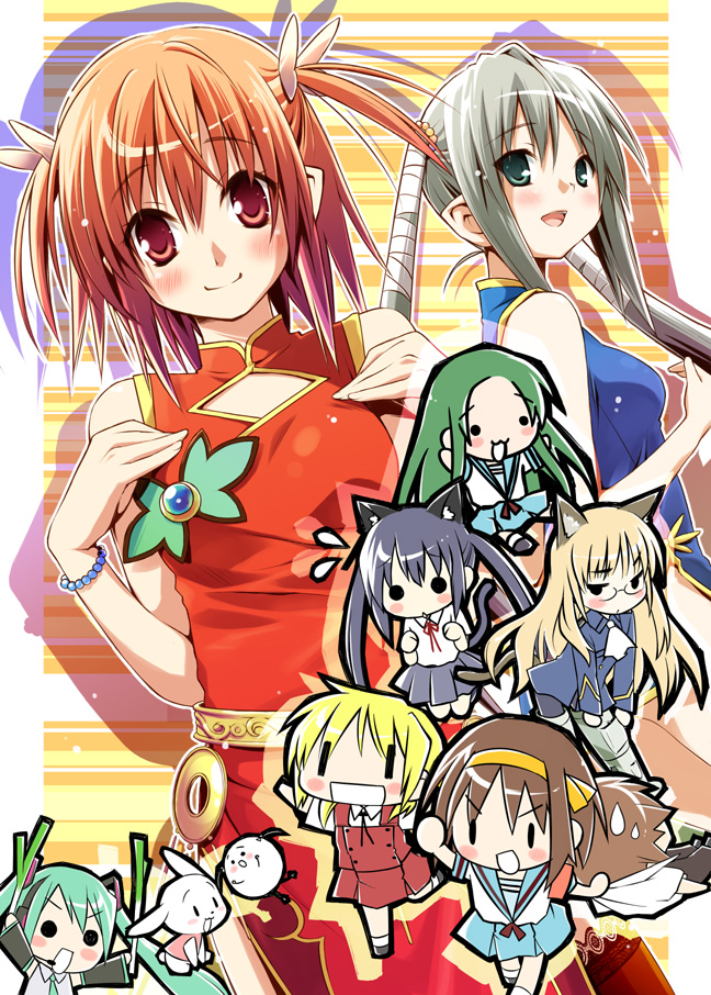 hatsune miku, suzumiya haruhi, nakano azusa, kyon, perrine h. clostermann, and 4 more (original and 6 more) drawn by eretto