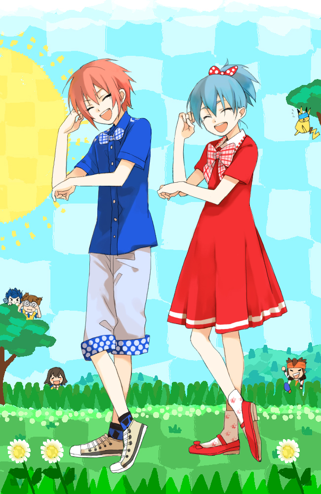 pikachu, kirino ranmaru, shindou takuto, kariya masaki, matsukaze tenma, and 3 more (pokemon and 2 more) drawn by kyou_(nodobotokemax)