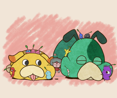 red pikmin, yellow pikmin, blue pikmin, purple pikmin, white pikmin, and 6 more (pikmin and 1 more) drawn by tsumikiki_(user_gxnu4755)