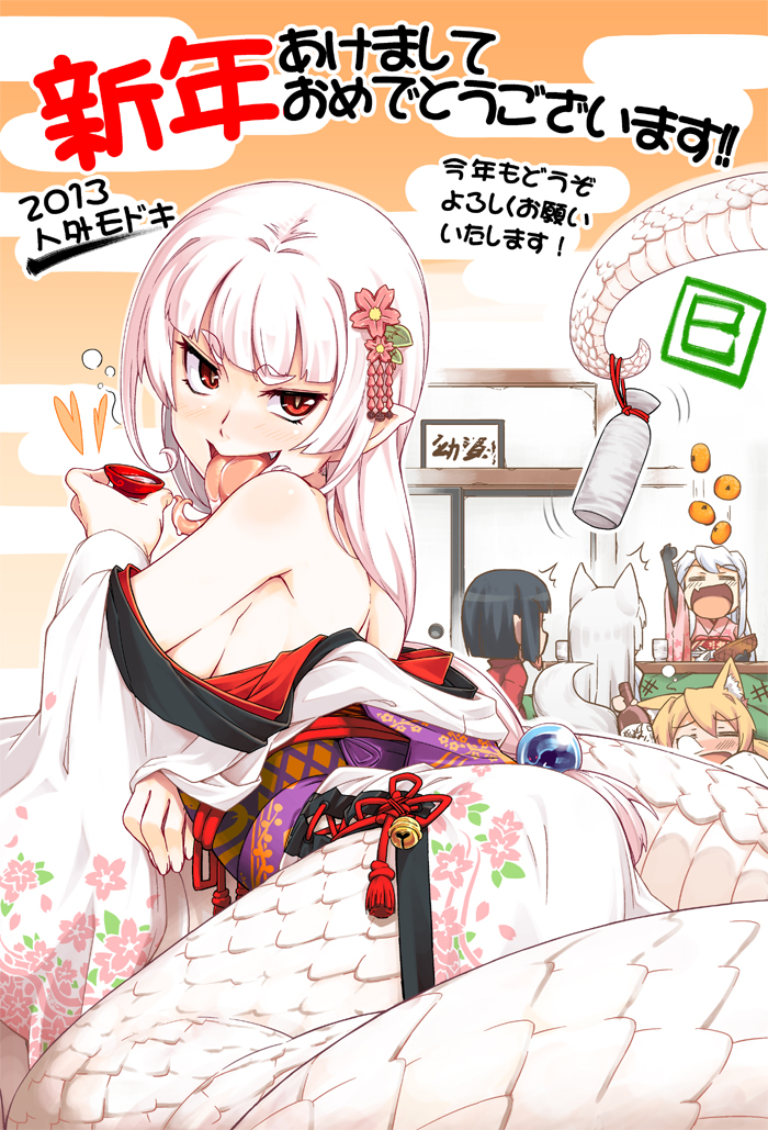 tamamo, kitsu, kamuro, and shirohebi-sama (mon-musu quest!) drawn by jingai_modoki