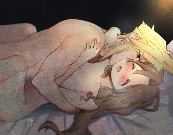 cloud strife and aerith gainsborough (final fantasy and 2 more) drawn by krudears