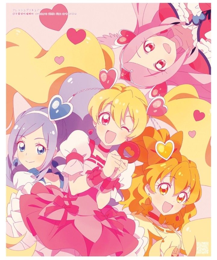 higashi setsuna, momozono love, cure peach, yamabuki inori, aono miki, and 3 more (precure and 1 more)