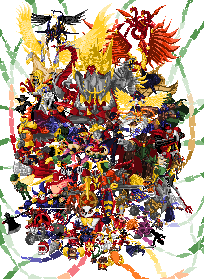 gagaga girl, gagaga magician, gagaga clerk, baby tiragon, kurivolt, and 63 more (yu-gi-oh! and 1 more) drawn by matsu_niwatori