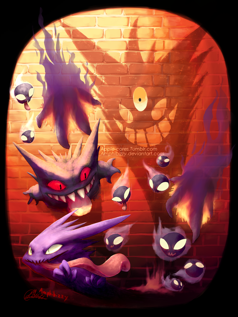 gengar, gastly, haunter, and mega gengar (pokemon) drawn by amphibizzy