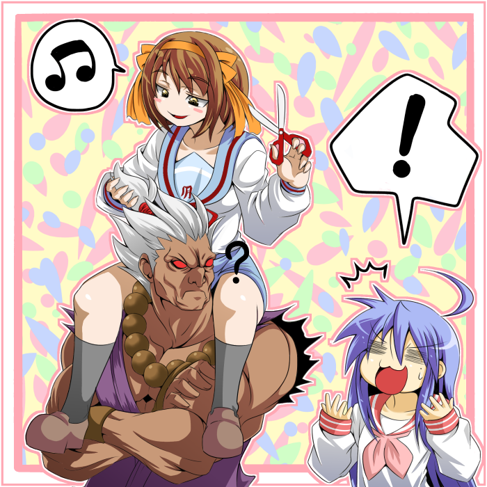 suzumiya haruhi, izumi konata, akuma, hirano aya, and shin akuma (street fighter and 3 more) drawn by kara_age