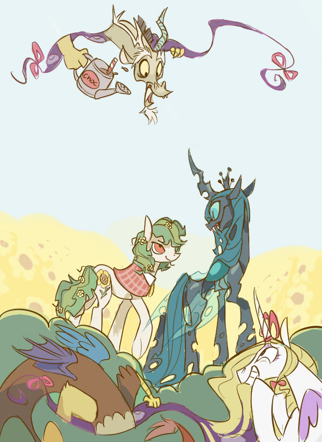 yakumo yukari, kazami yuuka, queen chrysalis, and discord (touhou and 2 more) drawn by supahbeefcakes