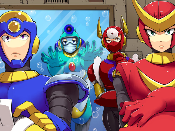 quick man, metal man, flash man, and bubble man (mega man and 1 more) drawn by zakki
