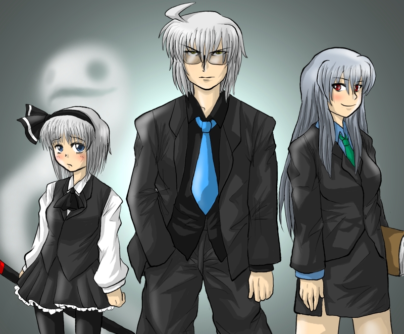 konpaku youmu, kamishirasawa keine, and morichika rinnosuke (touhou) drawn by enokuma_uuta