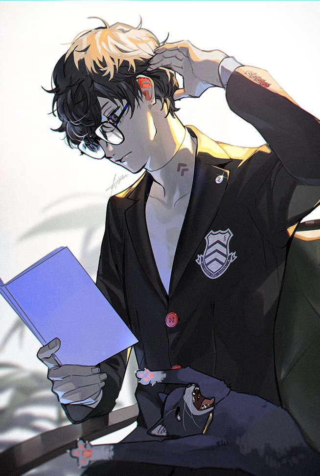 amamiya ren and morgana (persona and 1 more) drawn by btmr_game