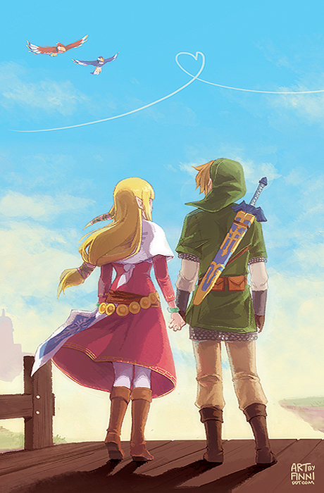 link, princess zelda, and loftwing (the legend of zelda and 1 more) drawn by finni_chang