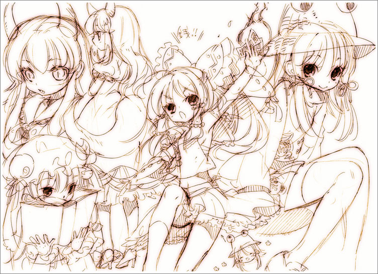 hakurei reimu, patchouli knowledge, moriya suwako, kamishirasawa keine, and ex-keine (touhou) drawn by mitsubachi_koucha