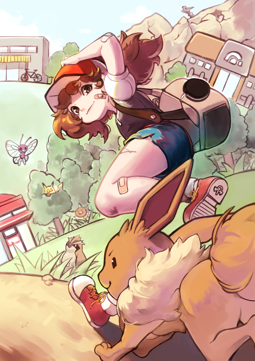 pikachu, eevee, butterfree, pidgey, elaine, and 2 more (pokemon and 1 more) drawn by tb_(lycoris13)