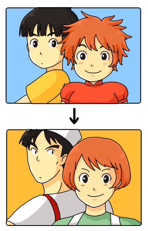 ponyo, sousuke, osono, and fukuo (studio ghibli and 2 more) drawn by inaba_tomoe