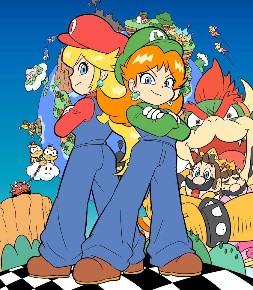 princess peach, mario, luigi, princess daisy, bowser, and 7 more (mario and 2 more) drawn by junnosu