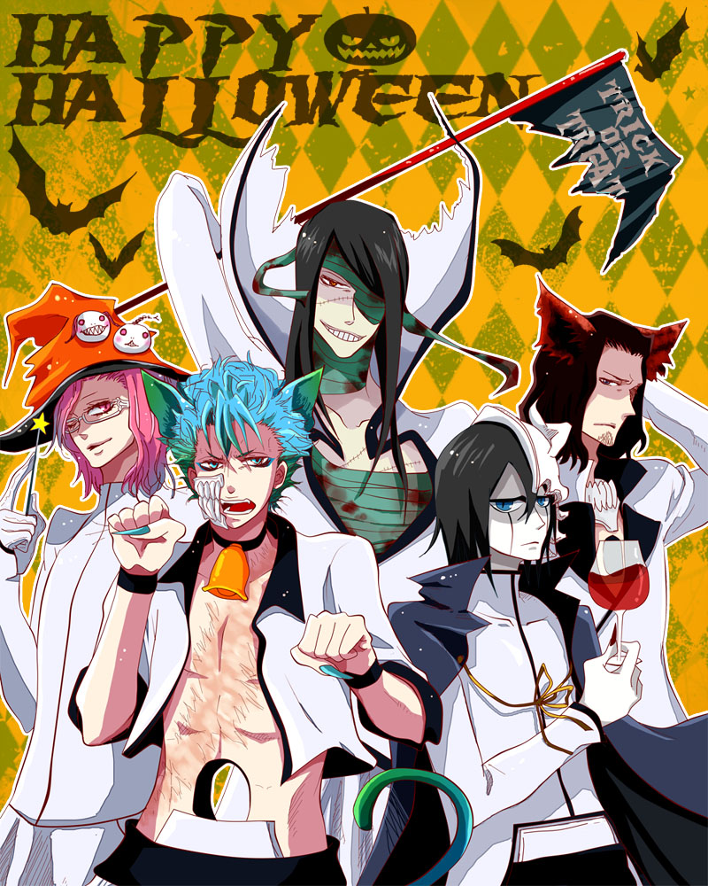 grimmjow jaegerjaquez, ulquiorra cifer, nnoitra gilga, szayelaporro granz, and coyote starrk (bleach) drawn by kagaga
