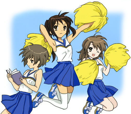 nagato yuki, kyonko, and koizumi itsuki (suzumiya haruhi no yuuutsu) drawn by haraheriko