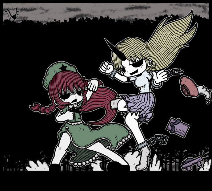 flandre scarlet, hong meiling, and hoshiguma yuugi (touhou) drawn by genkidaun