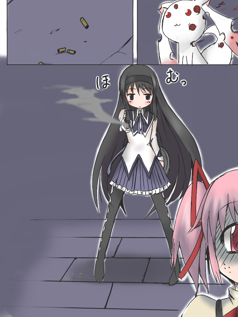 akemi homura, kaname madoka, and kyubey (mahou shoujo madoka magica) drawn by tenpura_(megusama)