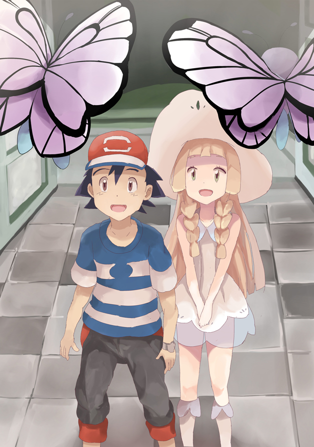lillie, ash ketchum, and butterfree (pokemon and 1 more) drawn by kuriyama