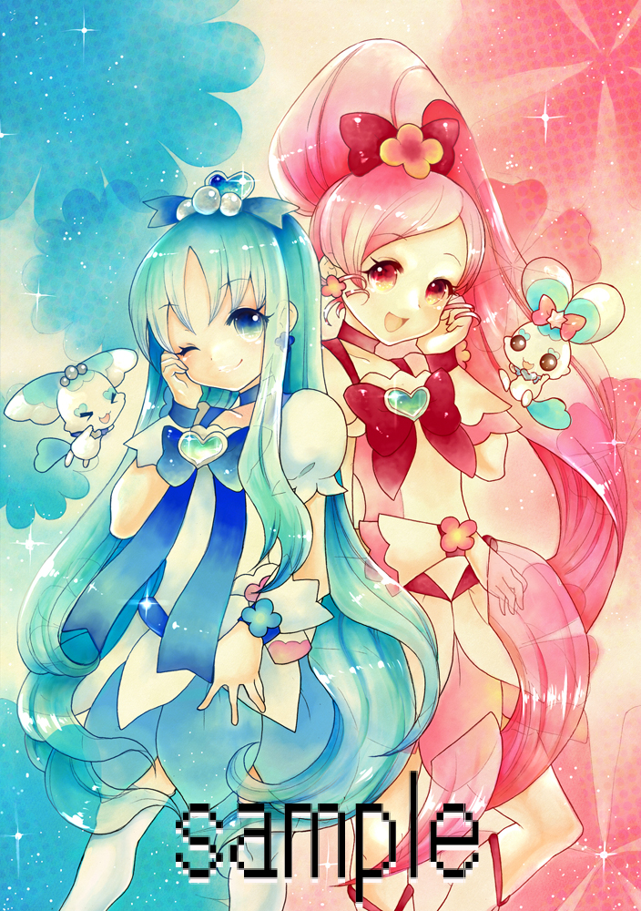 kurumi erika, hanasaki tsubomi, cure marine, cure blossom, coffret, and 1 more (precure and 1 more) drawn by mosho