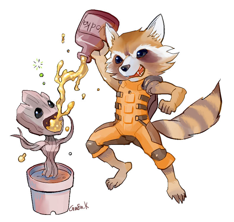 rocket raccoon and groot (marvel and 2 more) drawn by kandagawa_gufu