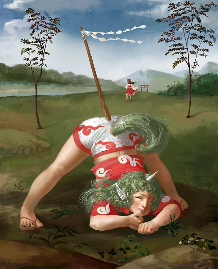 hakurei reimu and komano aunn (touhou) drawn by amibazh