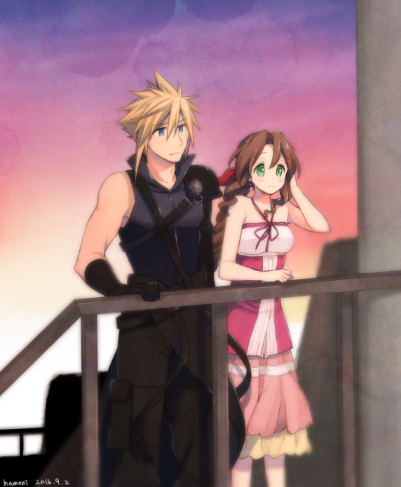 cloud strife and aerith gainsborough (final fantasy and 4 more) drawn by krudears