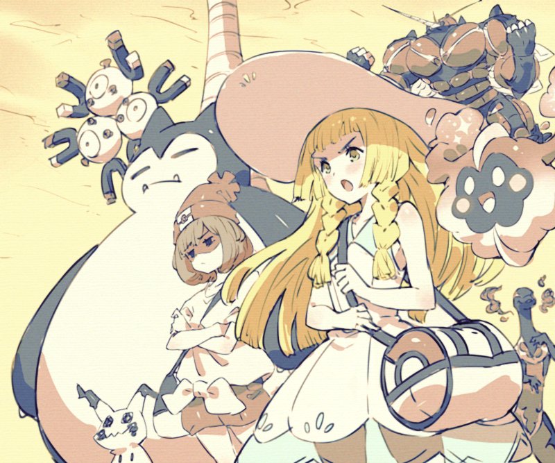 lillie, selene, mimikyu, snorlax, cosmog, and 4 more (pokemon and 1 more) drawn by benitama