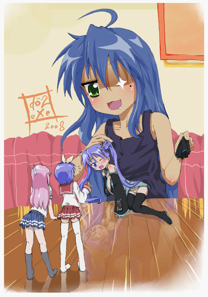 hatsune miku, hiiragi kagami, izumi konata, hiiragi tsukasa, and takara miyuki (vocaloid and 1 more) drawn by cupudotexe