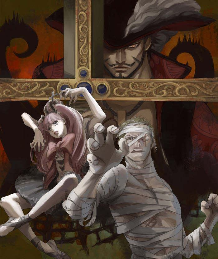 roronoa zoro, perona, and dracule mihawk (one piece) drawn by koga_(017)