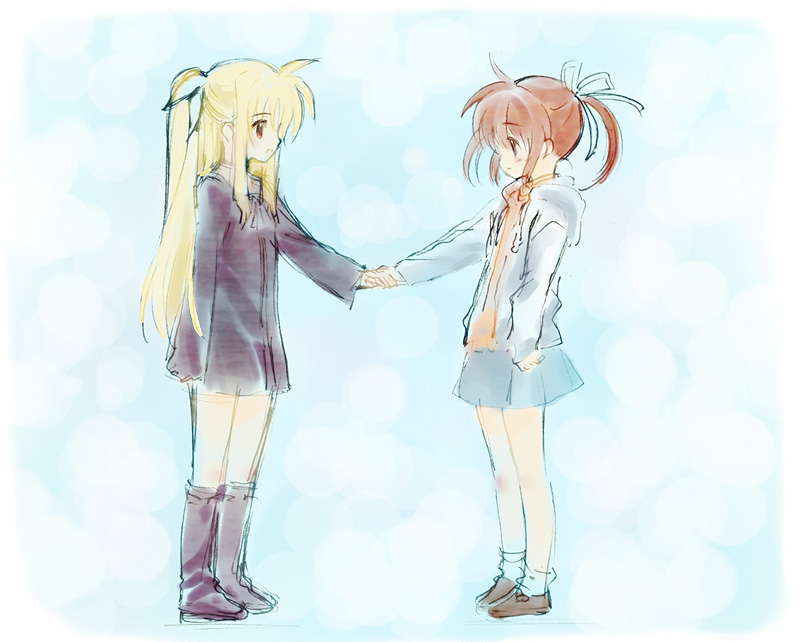 fate testarossa and takamachi nanoha (lyrical nanoha and 2 more) drawn by tokoharu
