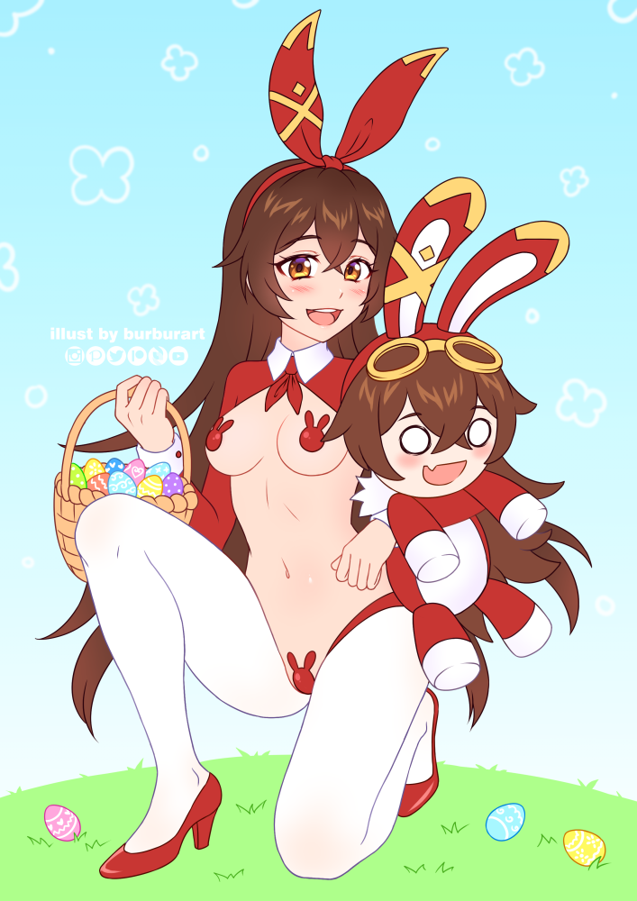 amber and baron bunny (genshin impact) drawn by burbur