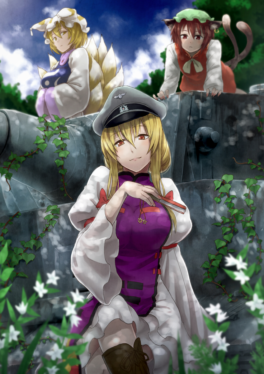 yakumo yukari, yakumo ran, and chen (touhou) drawn by nathaniel_pennel
