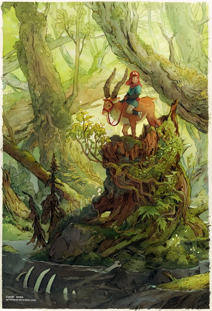ashitaka, kodama, and yakul (mononoke hime) drawn by sarah_webb