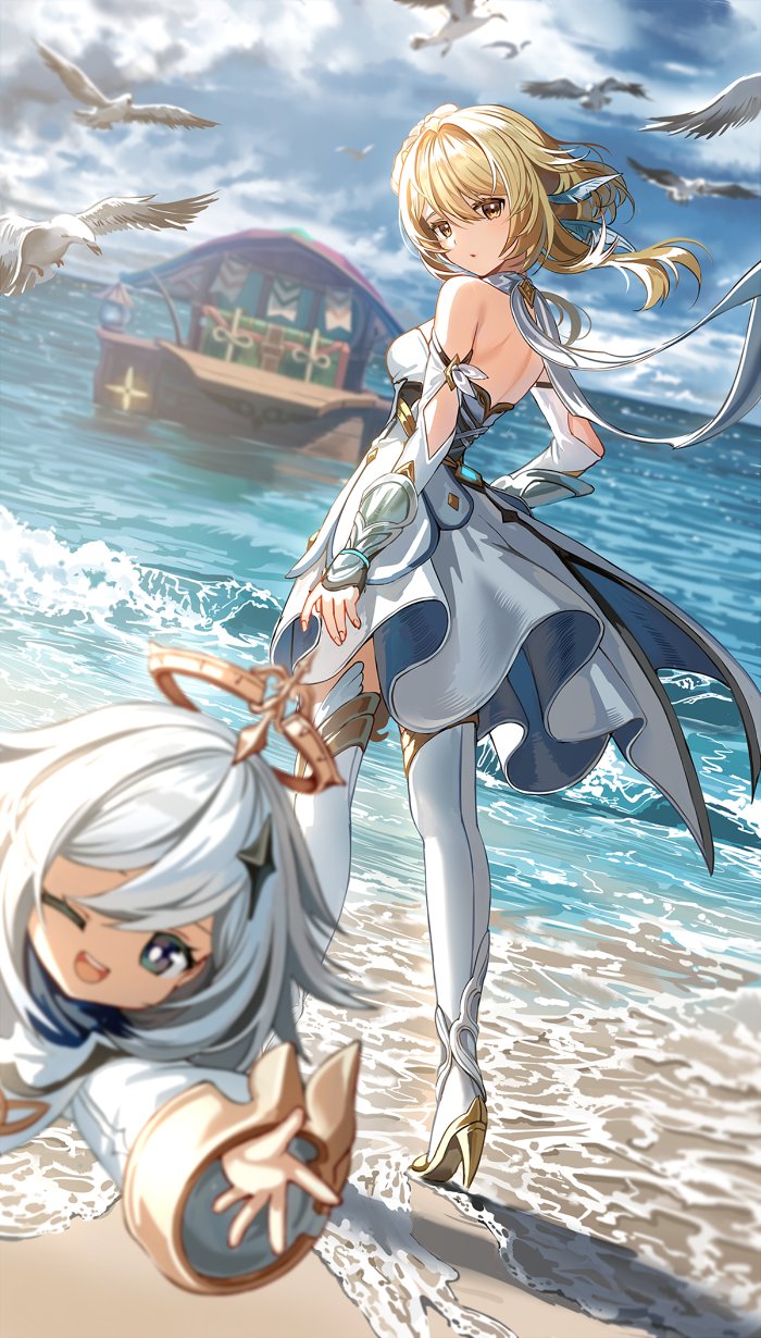 lumine and paimon (genshin impact) drawn by silence_girl