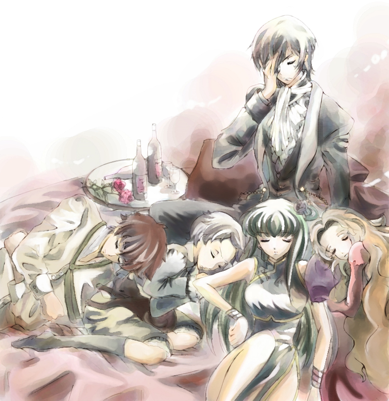 c.c., lelouch vi britannia, kururugi suzaku, nunnally vi britannia, and rolo lamperouge (code geass) drawn by sherilshi