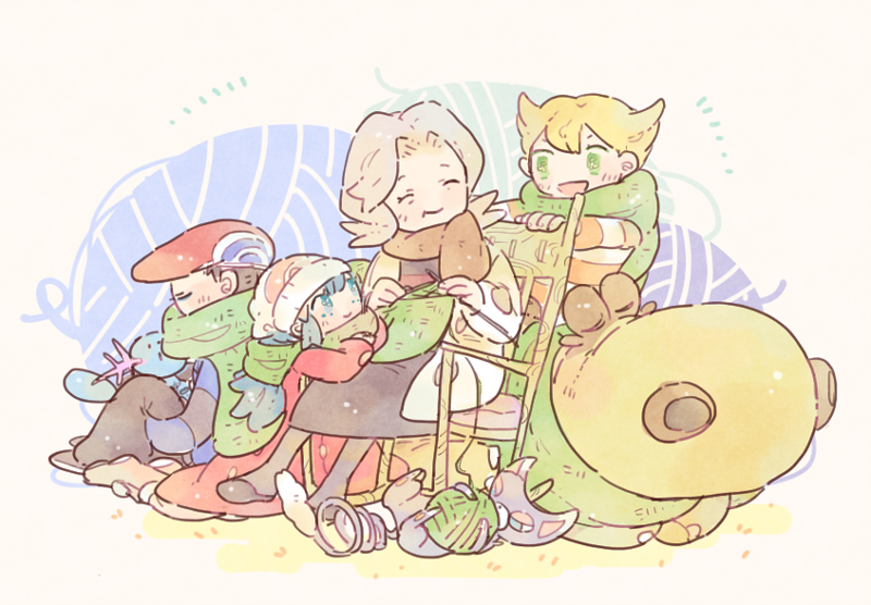 dawn, lucas, barry, wooper, glameow, and 2 more (pokemon and 2 more) drawn by katiko