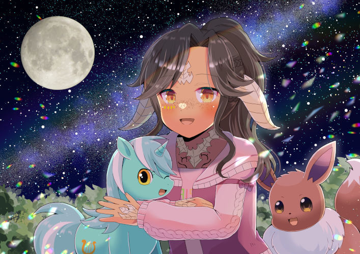 warrior of light, eevee, and lyra heartstrings (original and 5 more) drawn by kou_hiyoyo