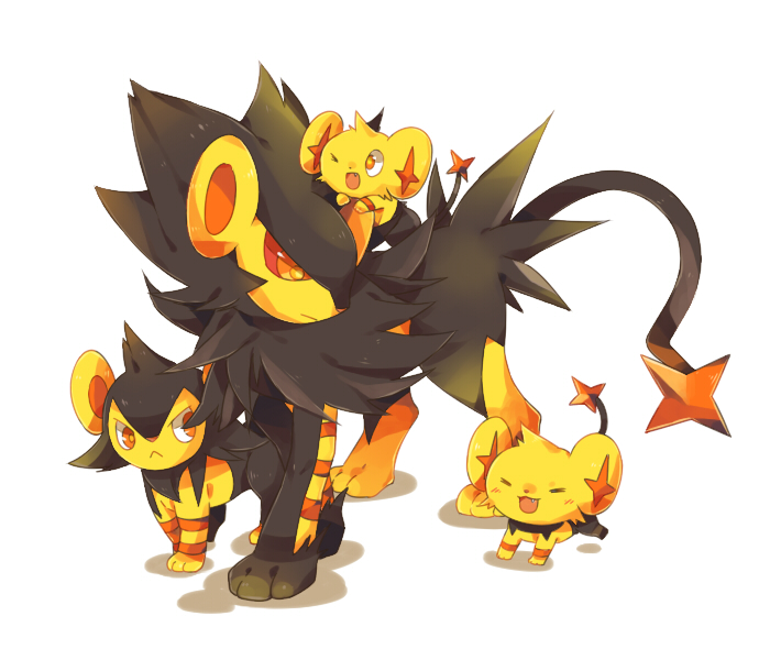 luxray, shinx, and luxio (pokemon) drawn by aria_r
