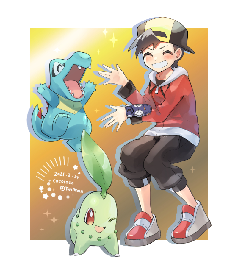 ethan, chikorita, and totodile (pokemon and 1 more) drawn by cocoloco
