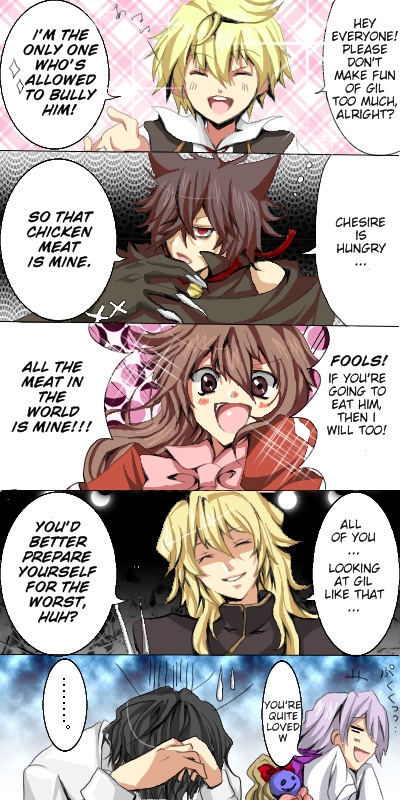 alice, oz vessalius, gilbert nightray, emily, and cheshire cat (pandora hearts)