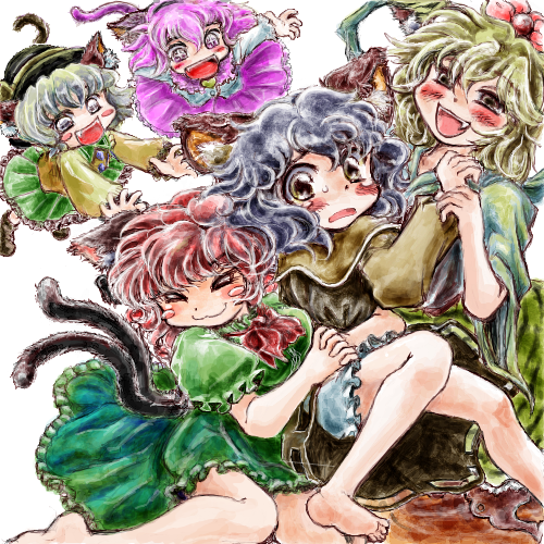 komeiji koishi, komeiji satori, kaenbyou rin, nazrin, and toramaru shou (touhou) drawn by nanashii_(soregasisan)