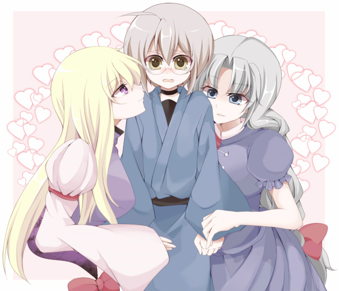 yakumo yukari, yagokoro eirin, and morichika rinnosuke (touhou) drawn by yuki_miya