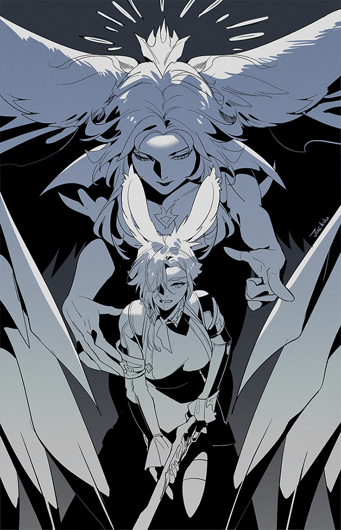 warrior of light and hydaelyn (final fantasy and 1 more) drawn by byuub