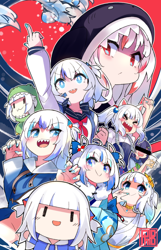 gawr gura, smol gura, and senzawa (hololive and 2 more) drawn by phibonnachee