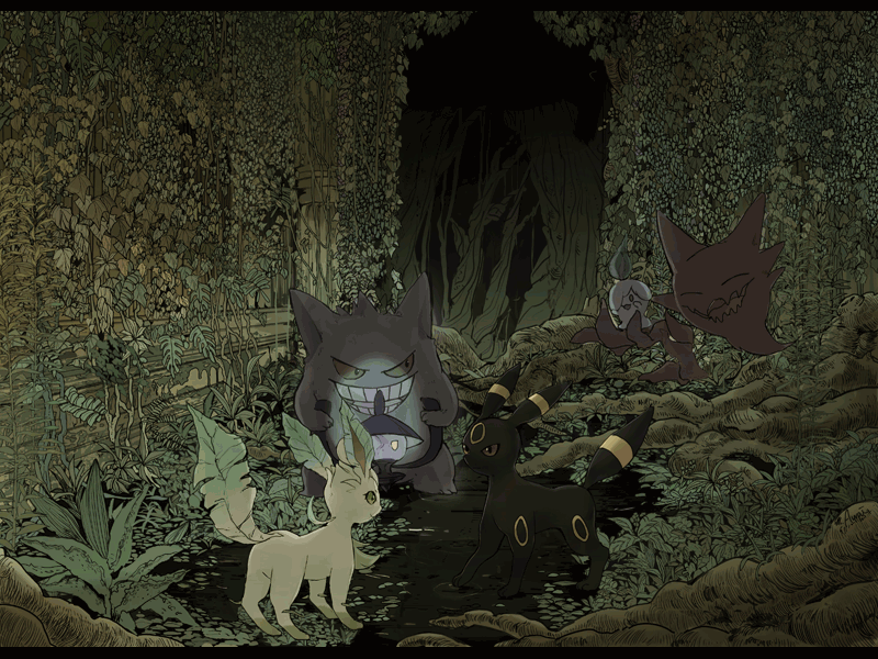 umbreon, gengar, leafeon, litwick, haunter, and 1 more (pokemon) drawn by awai_(pixiv29777040)