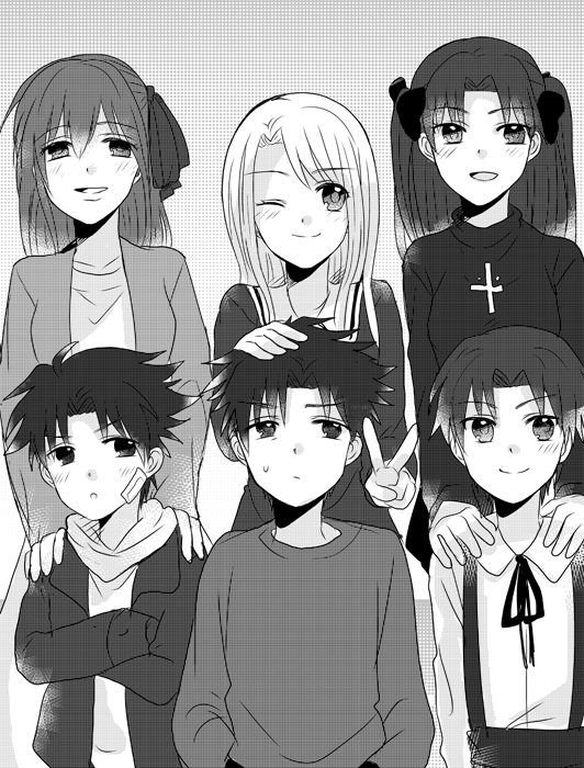 tohsaka rin, illyasviel von einzbern, matou sakura, emiya kiritsugu, matou kariya, and 1 more (fate and 1 more) drawn by aya_tori